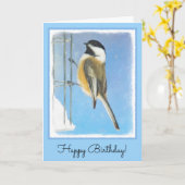 Chickadeon Feeder Painting - Original Bird Art Karte (Gelbe Blume)