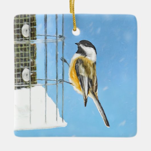 Chickadeon Feeder Painting - Original Bird Art Keramikornament (Vorderseite)
