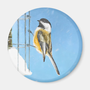 Chickadeon Feeder Painting - Original Bird Art Magnet