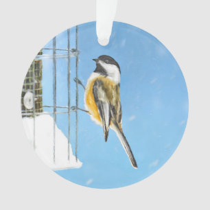 Chickadeon Feeder Painting - Original Bird Art Ornament