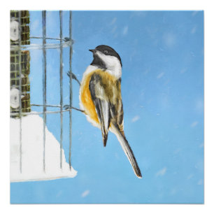 Chickadeon Feeder Painting - Original Bird Art Poster
