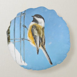 Chickadeon Feeder Painting - Original Bird Art Rundes Kissen