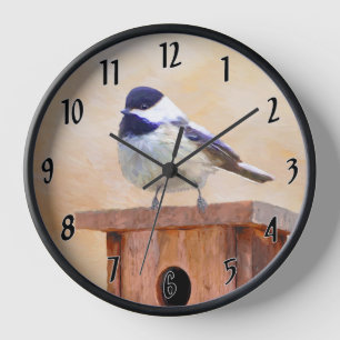 Chickadeon Feeder Painting - Original Bird Art Uhr