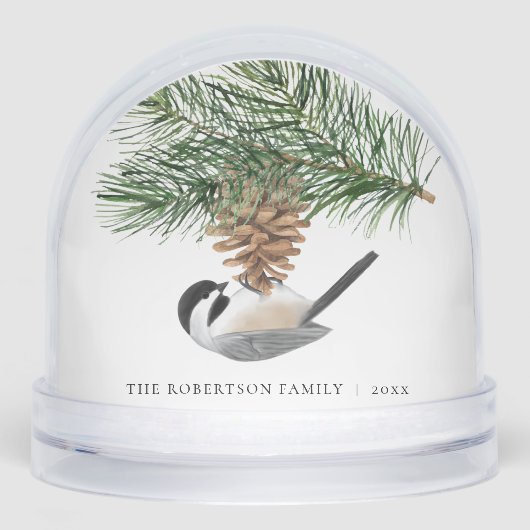 Chickadeon Pine Sprig Weihnachtsfamilie Schneekugeln (Vorderseite)