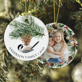 Chickadeon Pine Sprig Weihnachtsfest Foto Kranz Keramik Ornament