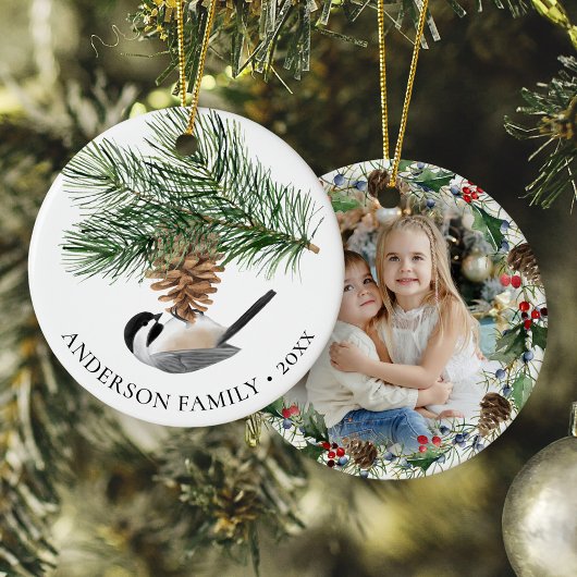 Chickadeon Pine Sprig Weihnachtsfest Foto Kranz Keramik Ornament