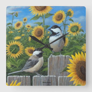 Chickades and Sunflowers Wall Clock Quadratische Wanduhr