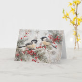 Chickades auf Evergreen mit Red Berries Karte (Gelbe Blume)