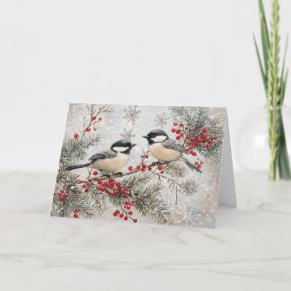 Chickades auf Evergreen mit Red Berries Karte