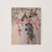 Chickadevögel auf rosa Blüten Vintager Frühling Puzzle (Vertikal)