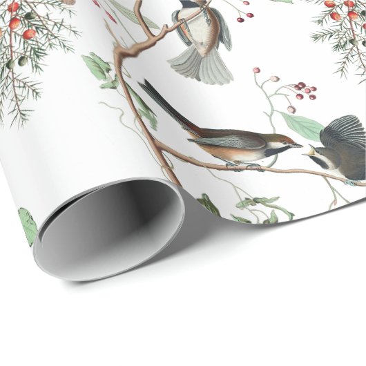 Chickadevögel Berries & Pinecones Wasserfarbe Geschenkpapier (Rolleneckpunkt)