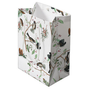 Chickadevögel Berries & Pinecones Wasserfarbe Mittlere Geschenktüte