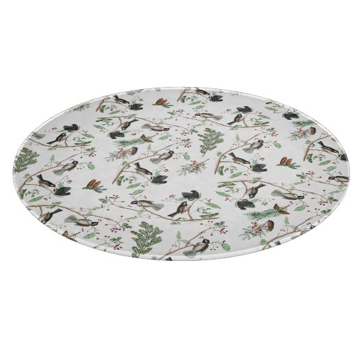 Chickadevögel Berries & Pinecones Wasserfarbe Schneidebrett (Ecke)