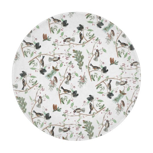 Chickadevögel Berries & Pinecones Wasserfarbe Schneidebrett (Vorderseite)