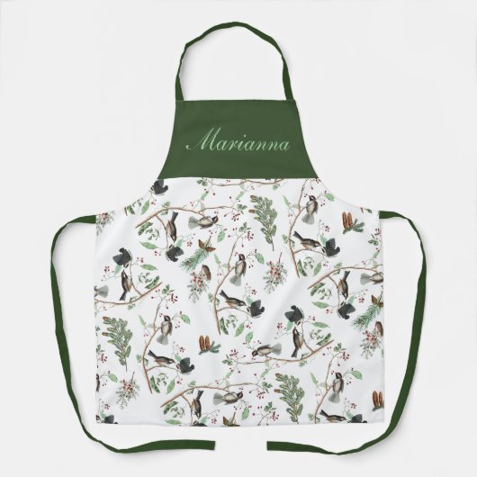 Chickadevögel Berries & Pinecones Wasserfarbe Schürze (Vorderseite)