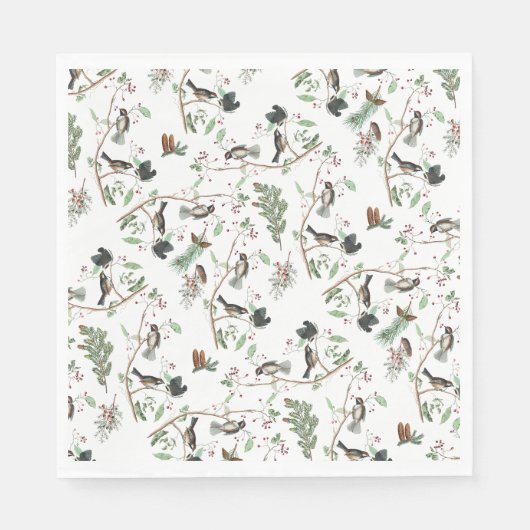 Chickadevögel Berries & Pinecones Wasserfarbe Serviette (Vorderseite)