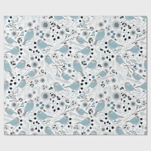 Chickadevögel Niedlich Blaue graue Blume Berries Geschenkpapier (Flach)