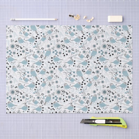 Chickadevögel Niedlich Blaue graue Blume Berries Seidenpapier (Handwerk)