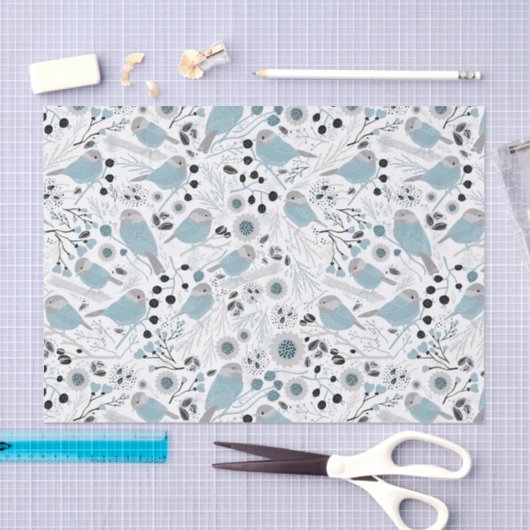 Chickadevögel Niedlich Blaue graue Blume Berries Seidenpapier (Handwerk)