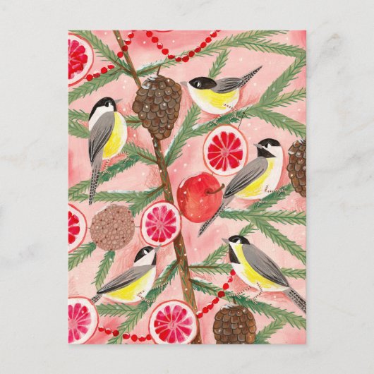 Chickadevögel Weihnachtsbaum Feiertagspostkarte (Vorderseite)