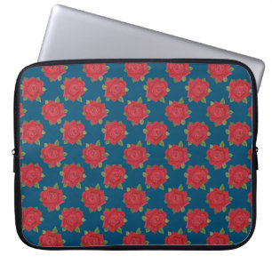 Chicke rote Rosen auf blauem Neopren-Laptop-Schutz Laptopschutzhülle