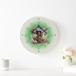 Chicken and Chicken House Farm Große Wanduhr