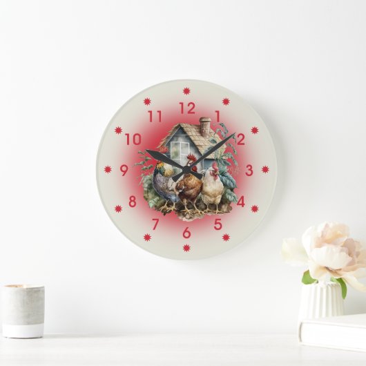Chicken and Chicken House Farm Große Wanduhr (Zuhause)