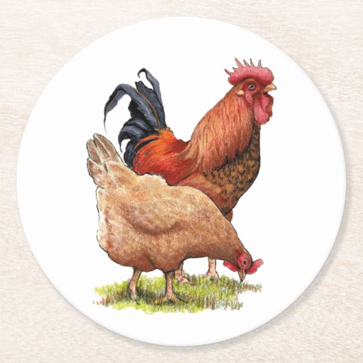 Chicken And Rooster Art, Poultry, Farm Animals Runder Pappuntersetzer (Vorderseite)