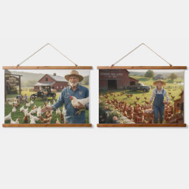 Chicken Farm Wood Topped Wall Tapestry Wandteppich Mit Holzrahmen