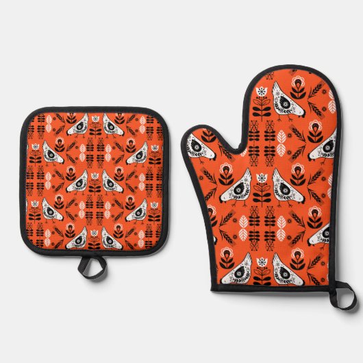 Chicken Hen Folk Ofenhandschuh & Topflappen-Set (Vorderseite)