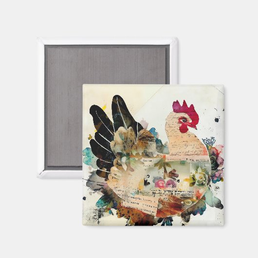 Chicken Mixed Media Art Collage Magnet (Vorderseite/Rückseite)