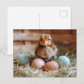 Chicken Next to Easter Nest with Colorful Eggs Postkarte (Vorne/Hinten)