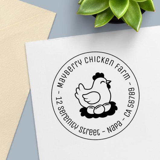 Chicken on Nest with Eggs Round Address Permastempel