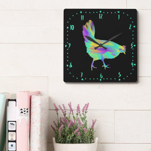 Chicken Time Cute Colourful Aqua Farm Hen Art Quadratische Wanduhr