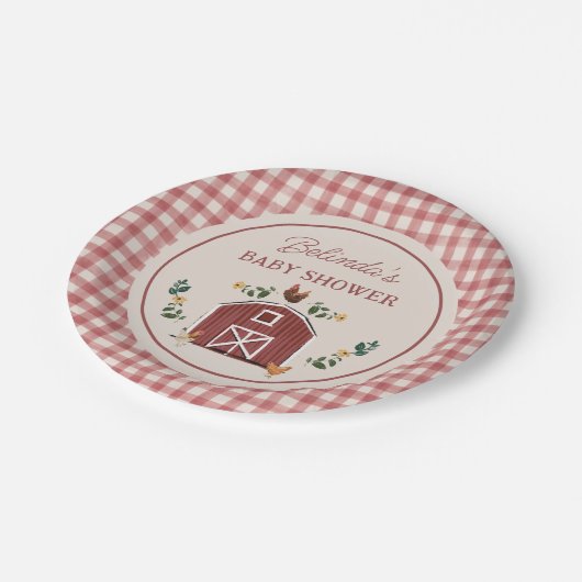 Chickens Barn Charming Farm Shower Gingham Pappteller (Schrägansicht)