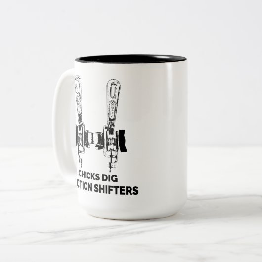 Chicks Dig Friction Shifters Fahrrad Zweifarbige Tasse (Vorderseite Links)