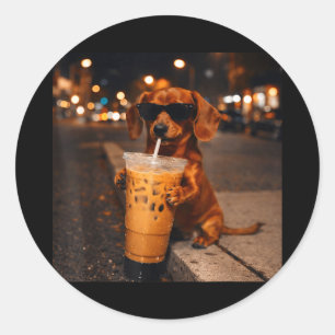 Chihua lustiger Dachshund, der Kaffee-Liebhaber mi Runder Aufkleber
