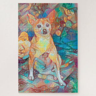 Chihuahua Art Colorful Blue Brown Dog Portrait Spa Puzzle
