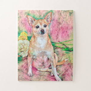 Chihuahua Art Pink Green Hund Portrait Puzzle