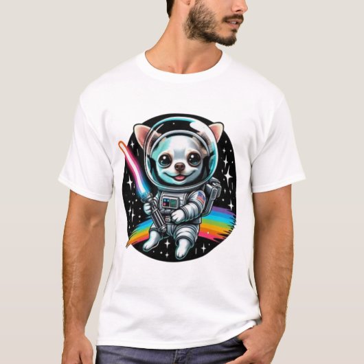 Chihuahua Astronaut mit Rainbow Lightsaber in Sp T-Shirt (Vorderseite)