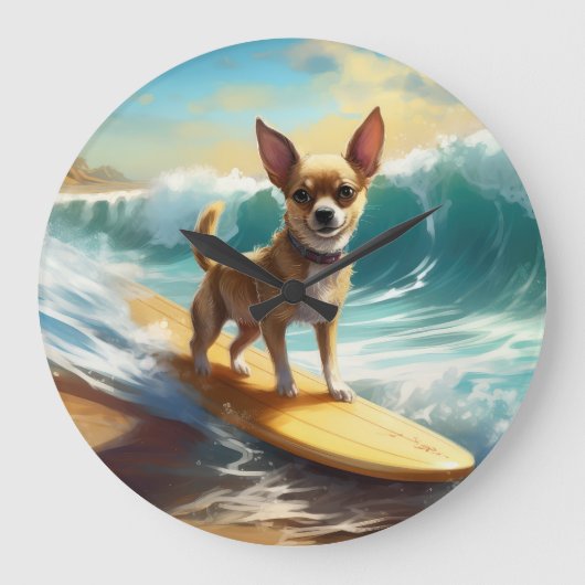 Chihuahua Beach Surfmalerei Große Wanduhr (Vorderseite)