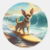 Chihuahua Beach Surfmalerei Runder Aufkleber (Vorderseite)