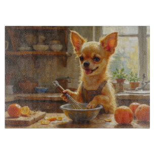 Chihuahua beim Kochen in der Küche Schneidebrett