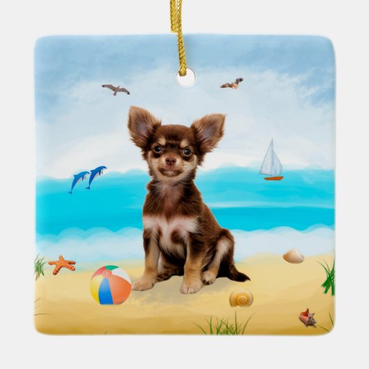 Chihuahua Dog am Strand Keramikornament (Vorderseite)