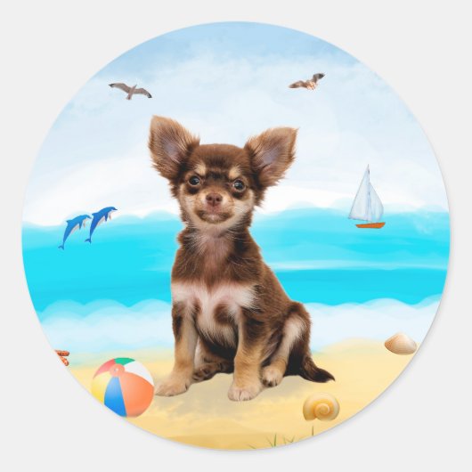 Chihuahua Dog am Strand Runder Aufkleber (Vorderseite)
