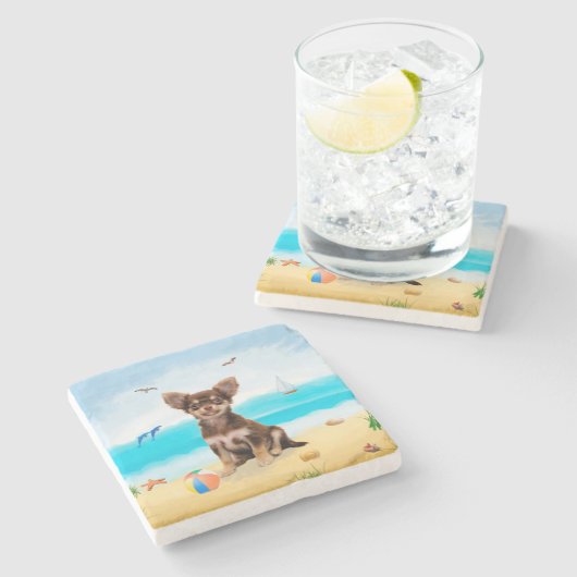 Chihuahua Dog am Strand Steinuntersetzer (Seitenansicht)