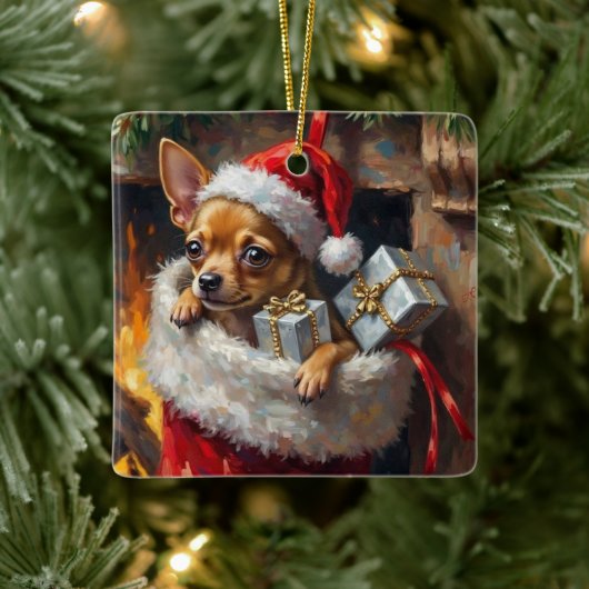 Chihuahua Dog Christmas Stocking Surprise Art Keramikornament (Baum)