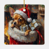 Chihuahua Dog Christmas Stocking Surprise Art Keramikornament (Rückseite)