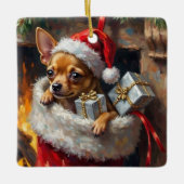 Chihuahua Dog Christmas Stocking Surprise Art Keramikornament (Vorderseite)
