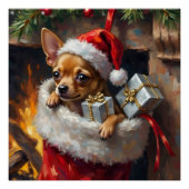 Chihuahua Dog Christmas Stocking Surprise Art Poster (Vorderseite)